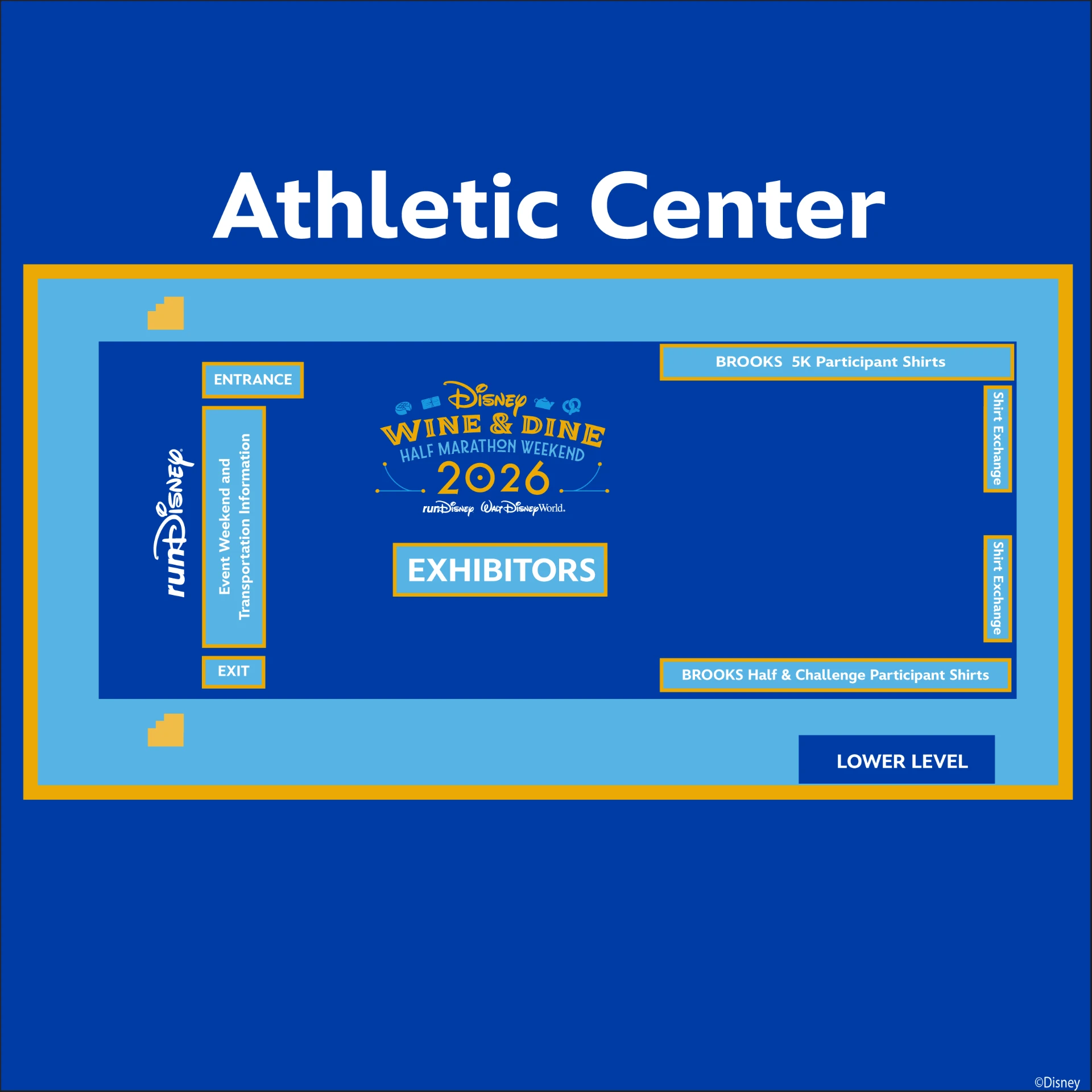 Athletic Center lower level map showing the entrance, exit, event weekend and transportation information, exhibitors, Brooks 5K and 10K participant shirts, Brooks Half and Challenge participant shirts and shirt exchange
