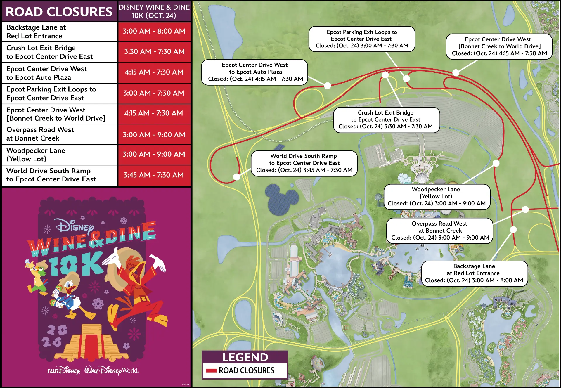 Disney Wine & Dine 10K road closure map for Saturday, October 24, 2026