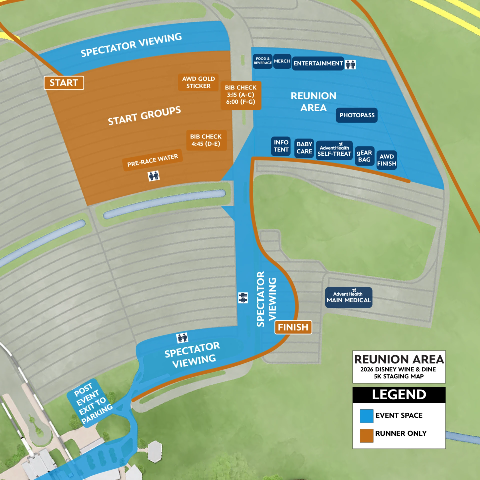 Disney Wine and Dine 5K staging map with spectator viewing areas