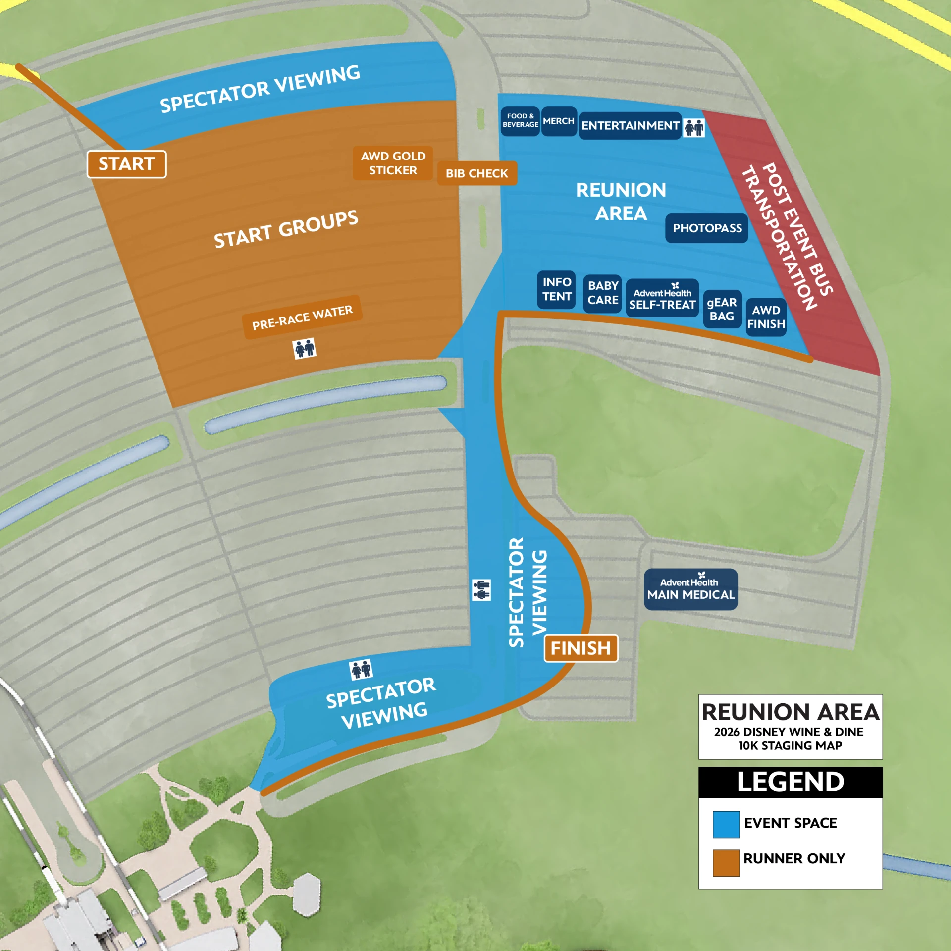 Disney Wine and Dine 10K staging map with spectator viewing areas