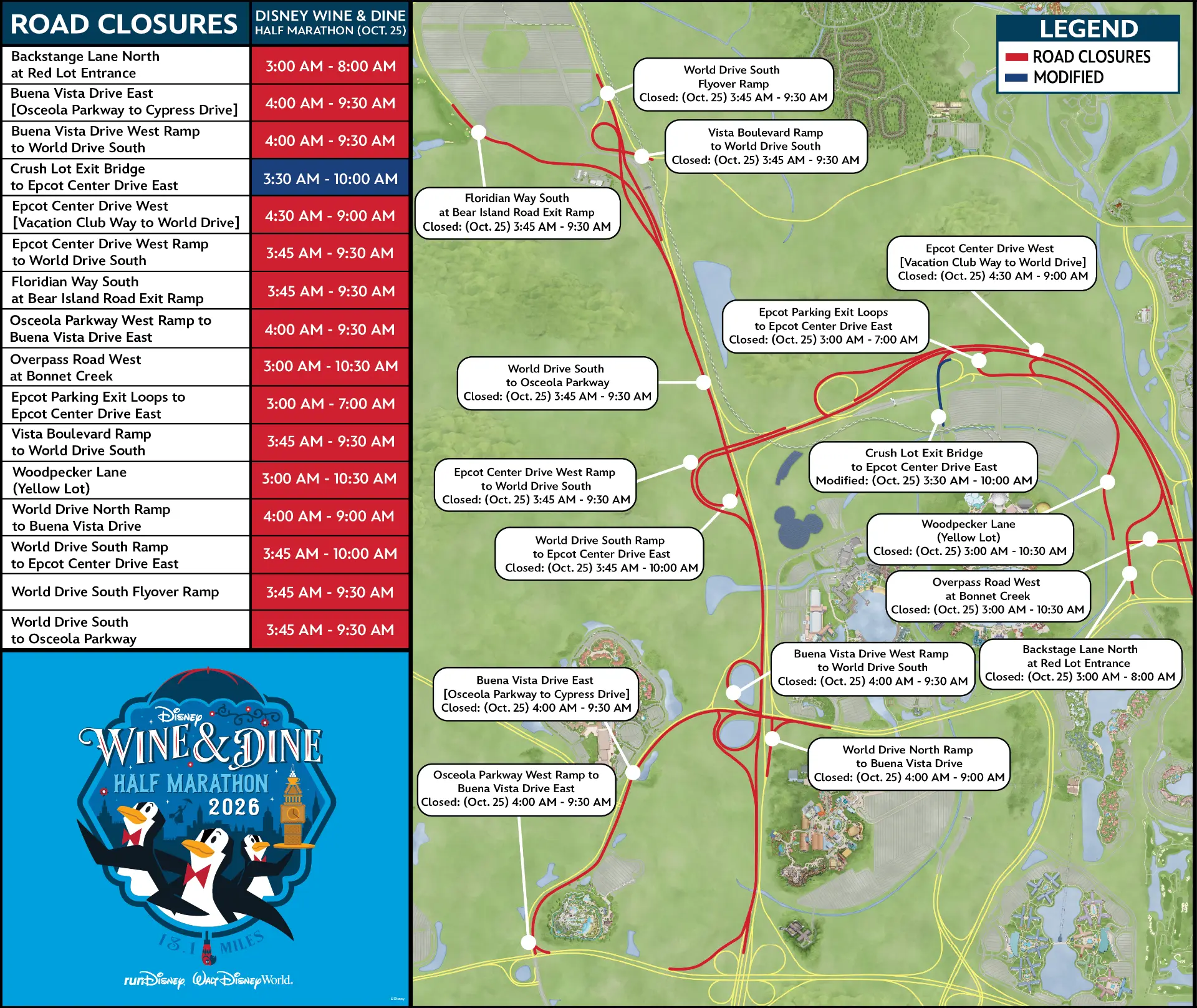 Disney Wine & Dine Half Marathon road closure map for Sunday, October 25, 2026