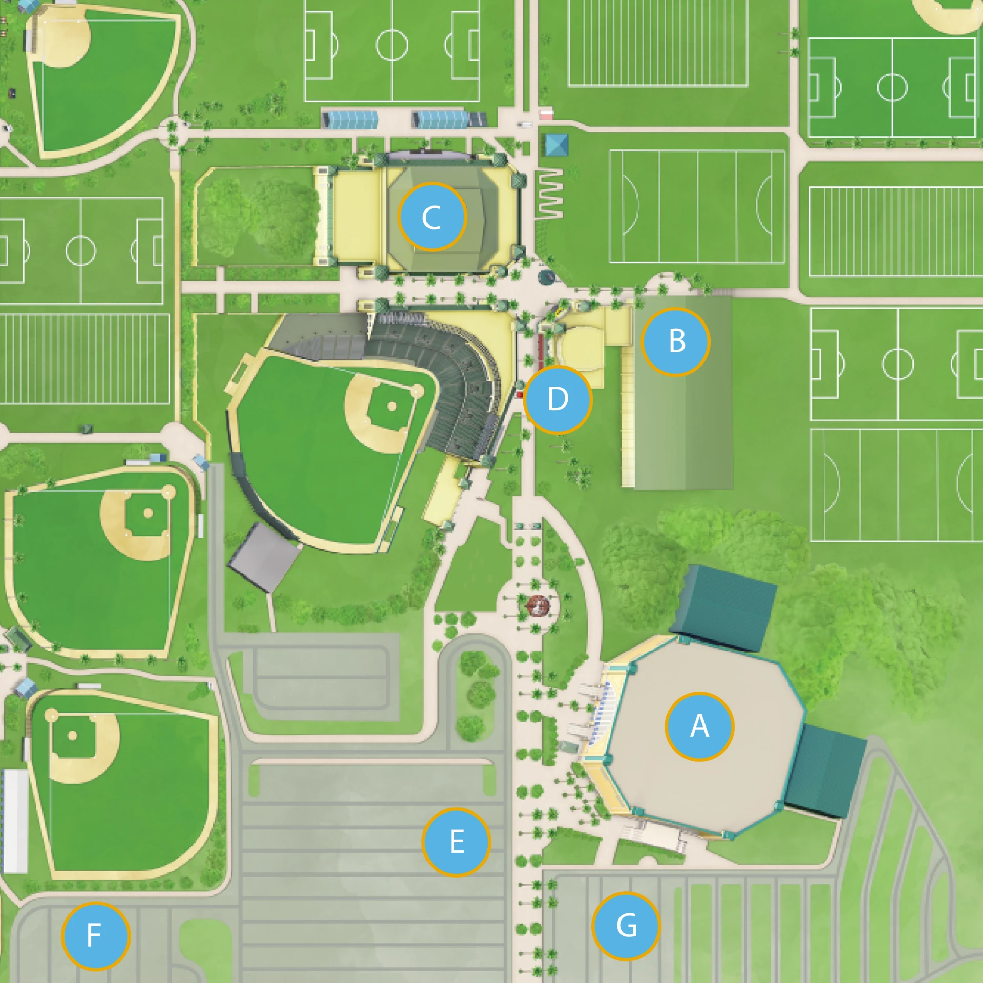 ESPN Wide World of Sports complex map with lettered locations A through E marking the arena, athletic center, field house, entry green and Minnie Van location