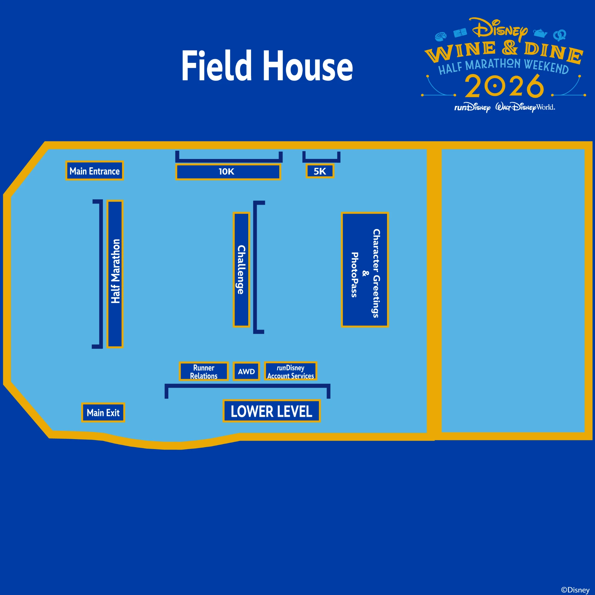 Field House map for days two and three of the expo showing Half Marathon, Challenge, 10K and 5K pickup, character greetings and PhotoPass, Runner Relations, AWD and runDisney Account Services