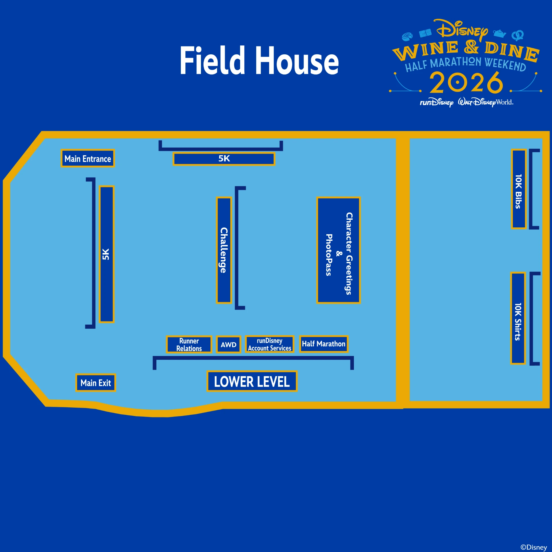 Field House map for day one of the expo showing 5K, Challenge, Half Marathon, 10K bibs and 10K shirts, character greetings and PhotoPass, Runner Relations, AWD and runDisney Account Services