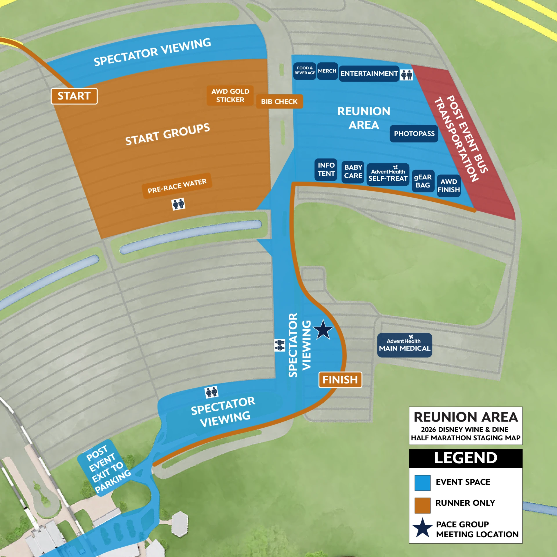 Disney Wine and Dine Half Marathon staging map with spectator viewing areas